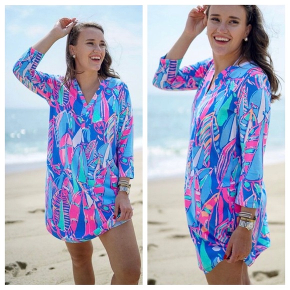 Lilly Pulitzer Florescent Sailboat Ali Out to Sea Pima Cotton Tunic Shirt Dress - Picture 12 of 12